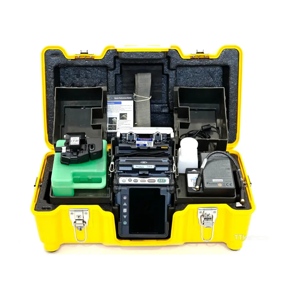 Fujikura FSM-70S core alignment fusion splicer front view showing 4.73-inch colour LCD and wind protector