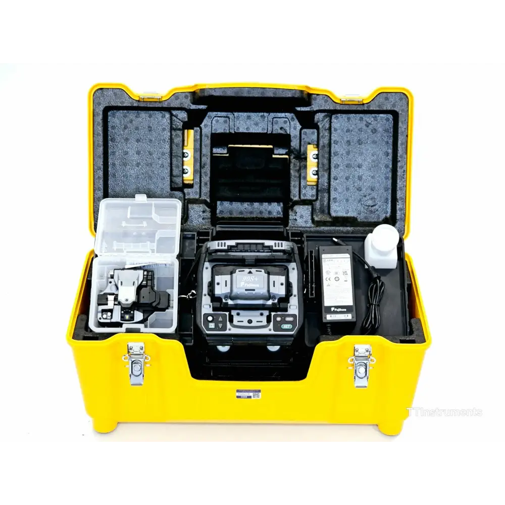 Fujikura 90S+ core alignment fusion splicer front view with 4.9-inch TFT touchscreen and open wind protector