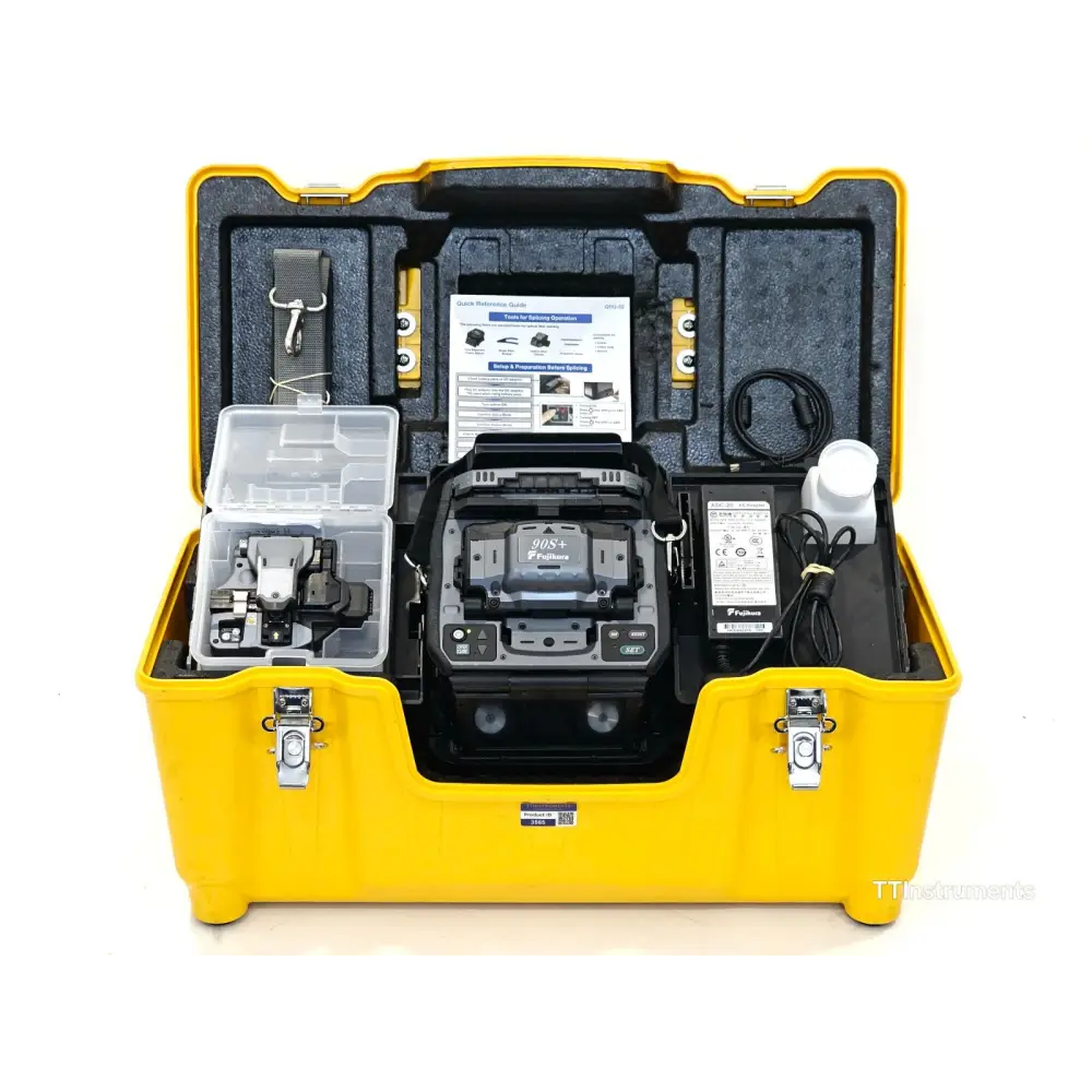 Fujikura 90S+ core alignment fusion splicer front view showing 4.9-inch TFT colour touch screen and wind protector