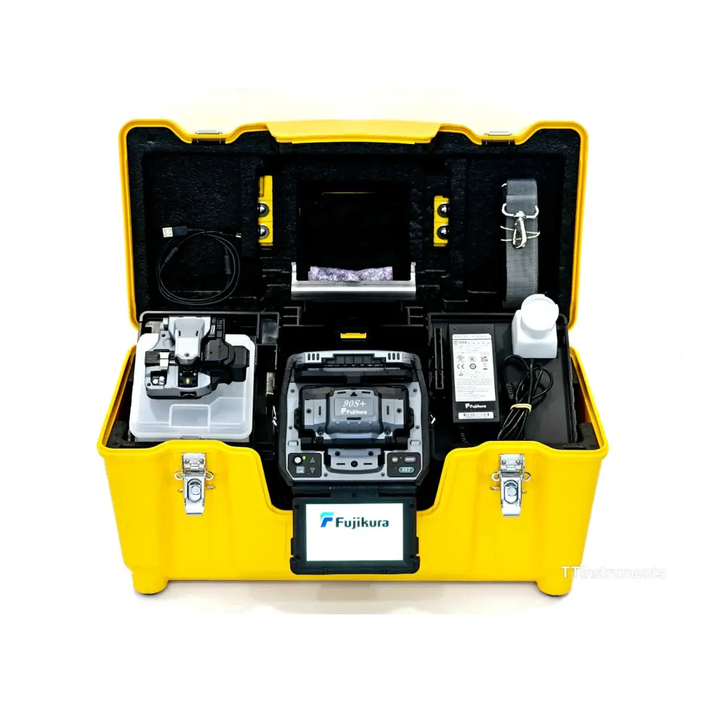 Fujikura 90S+ core alignment fusion splicer front view showing 4.9-inch TFT colour touch screen and wind protector