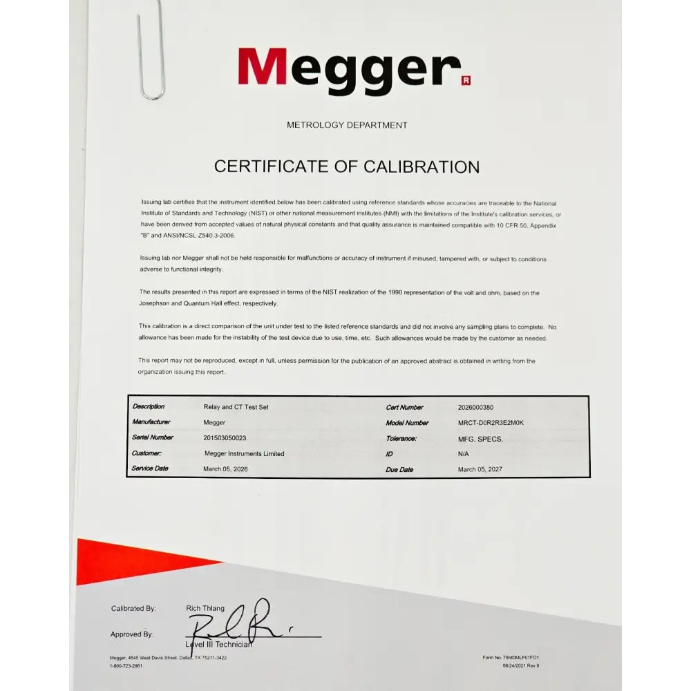 Megger MRCT Certificate of Calibration issued March 2026 by Megger Metrology Dept, valid to March 2027, NIST traceable