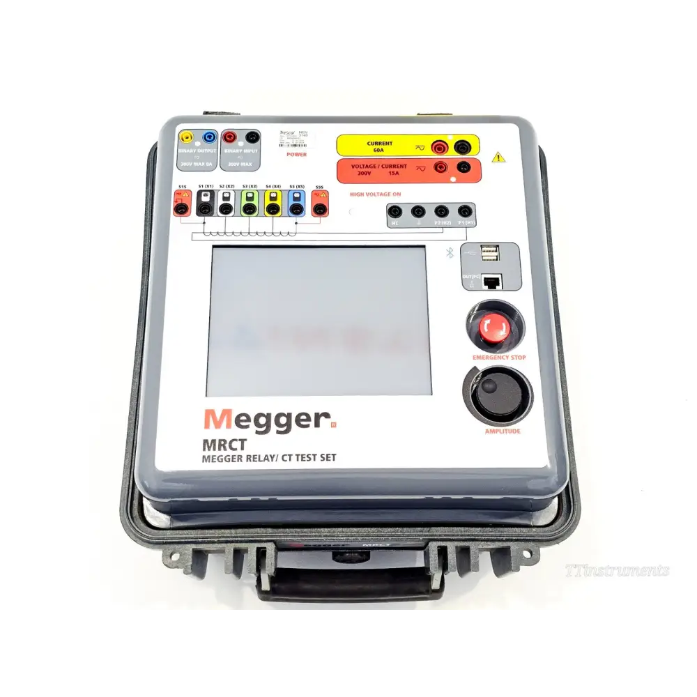 Megger MRCT relay CT test set front panel showing 60A current output, 300V/15A terminals, CT secondary taps and emergency stop