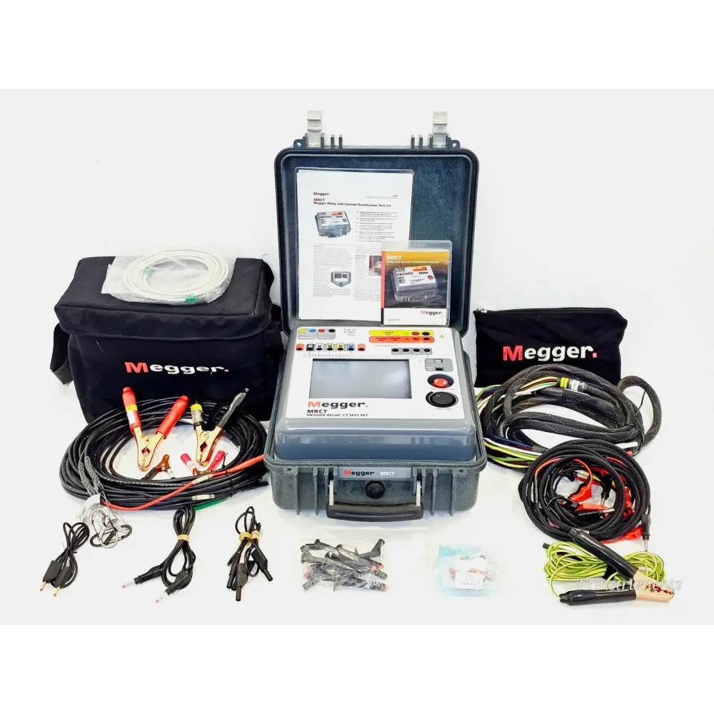 Megger MRCT relay CT test set full kit laid out showing unit, transit case, accessory bags, lead sets and manual