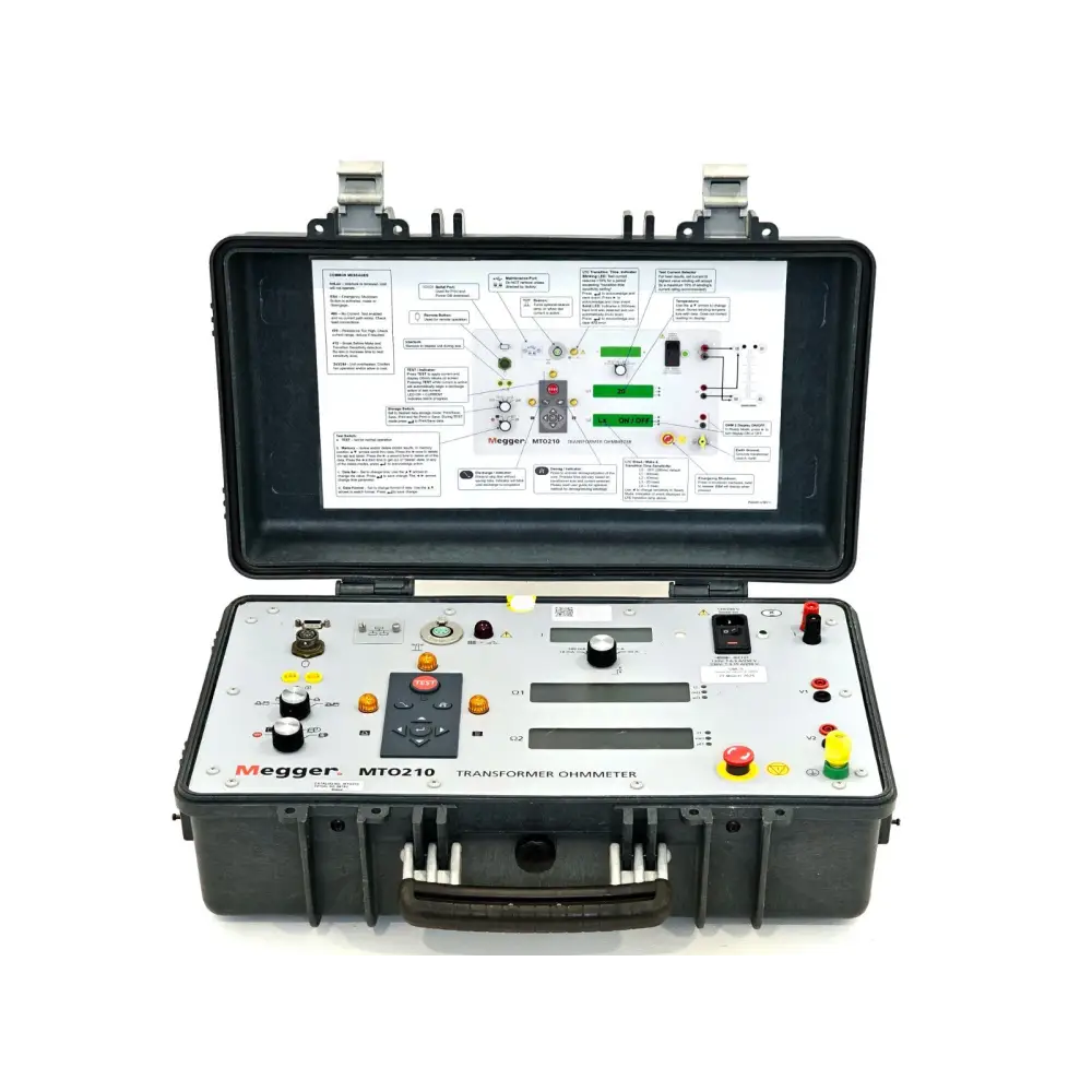 Megger MTO210 portable transformer ohmmeter angled view showing instrument casing and carry handle