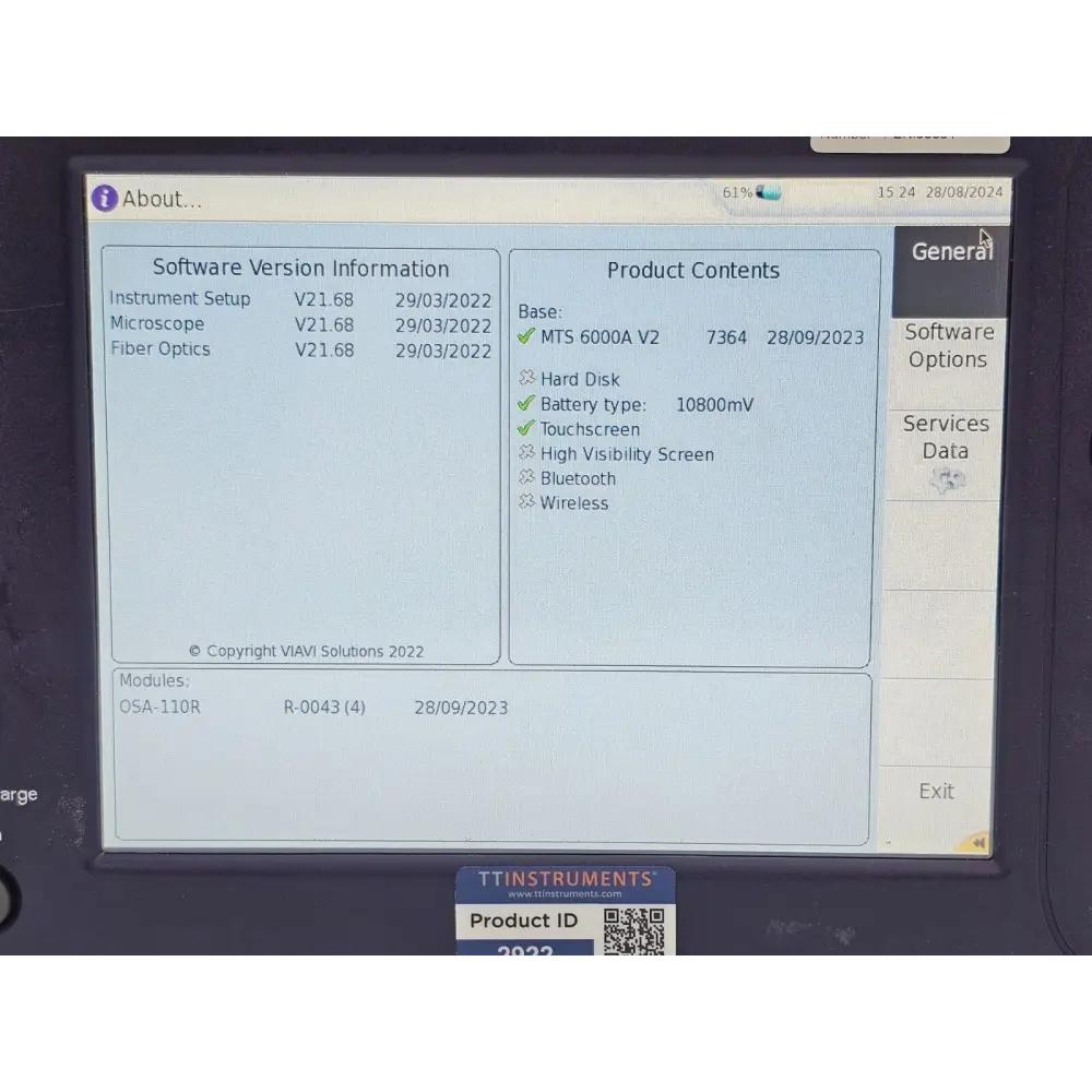Viavi T-BERD MTS-6000A V2 OSA-110R showing DWDM spectrum measurement on screen