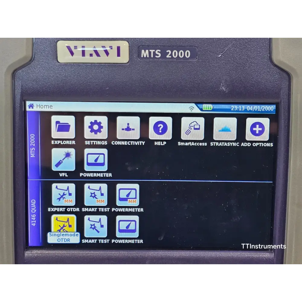Viavi 4146 Quad OTDR module close-up showing SC-PC optical connector ports