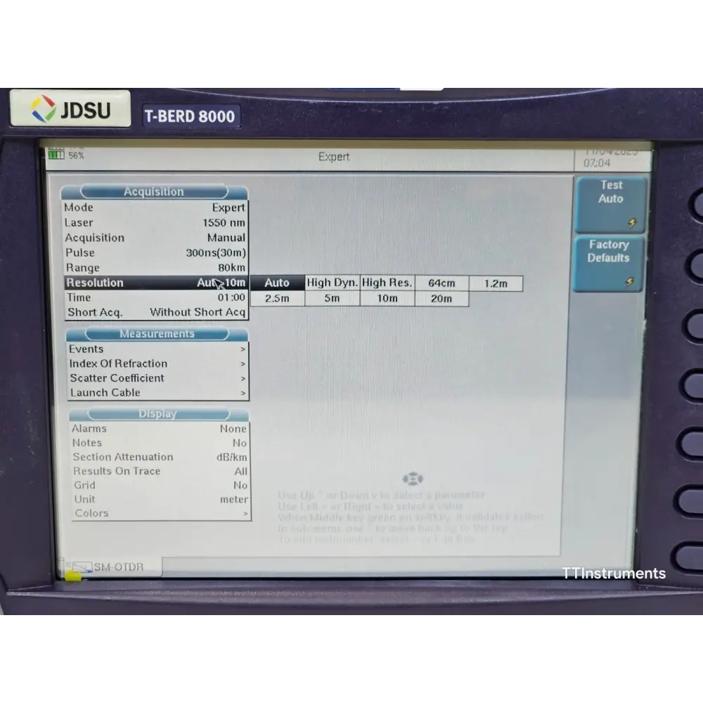 Viavi JDSU T-BERD 8000 display showing full-band 1255-1650nm chromatic dispersion profile
