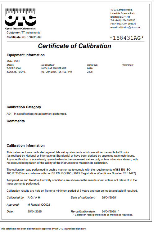 Calibrated Viavi JDSU T-BERD 8000 with CD PMD Analyzer 5083CD OTDR 81PMD
