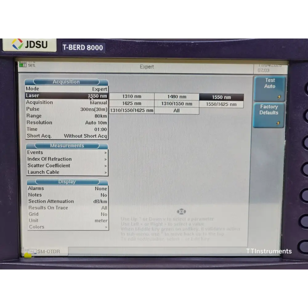 Viavi JDSU T-BERD 8000 field test setup with fibre patchcord connected to OTDR port