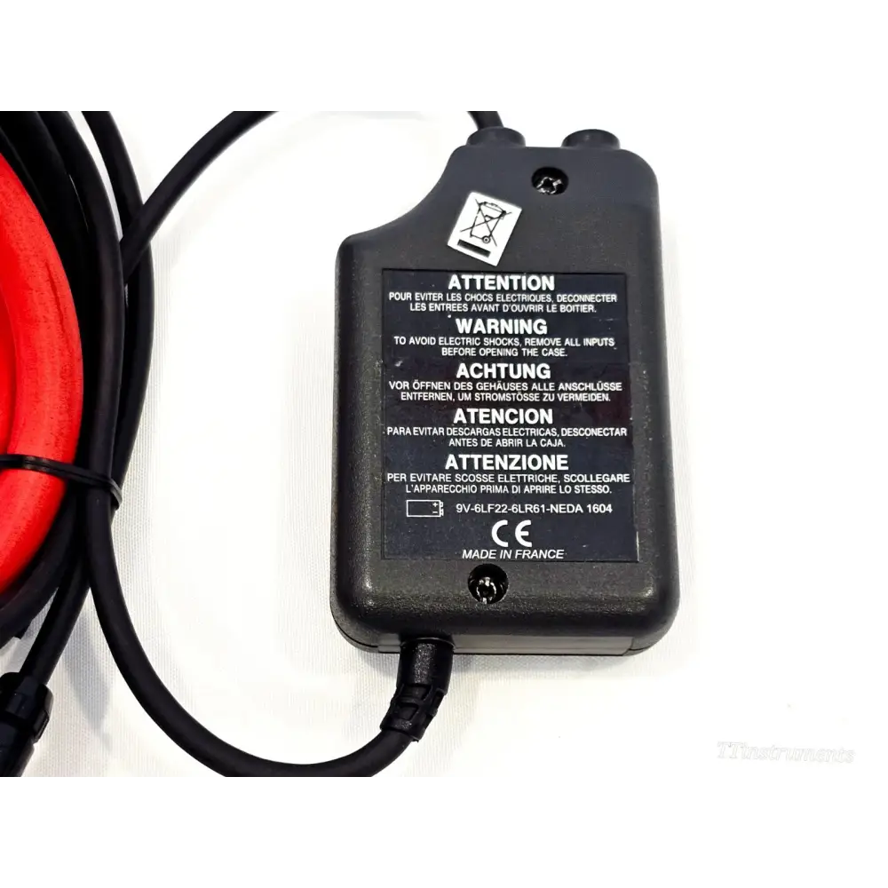 Chauvin Arnoux A 193B rear label showing safety warnings, 9V battery type, CE mark and Made in France