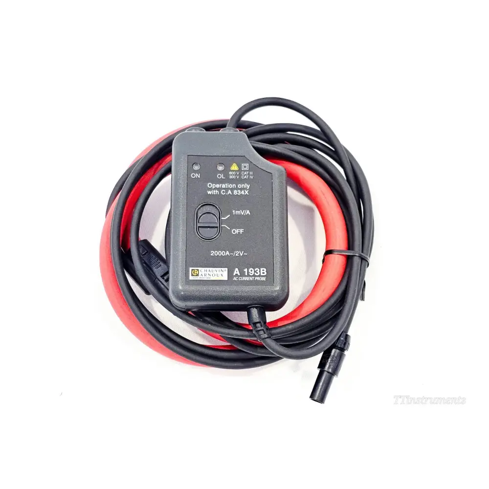 Chauvin Arnoux A 193B AC current probe front view showing ON/OL LEDs, 1mV/A switch, 2000A/2V label and cable
