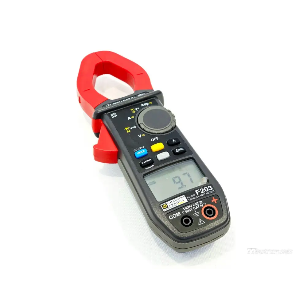 Chauvin Arnoux F203 AC/DC TRMS clamp meter front view showing LCD display, rotary selector and red jaw