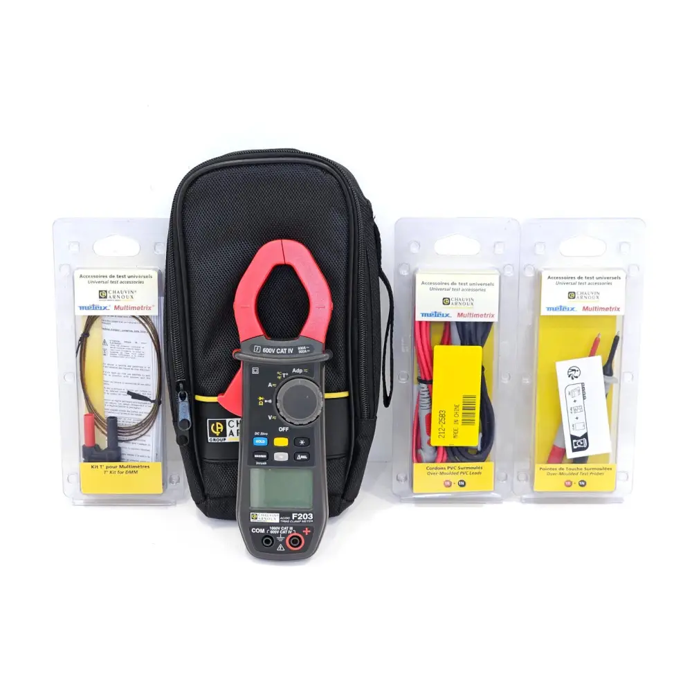 Chauvin Arnoux F203 TRMS AC/DC Clamp Meter with soft case, PVC test leads, test probes, and K-type thermocouple kit