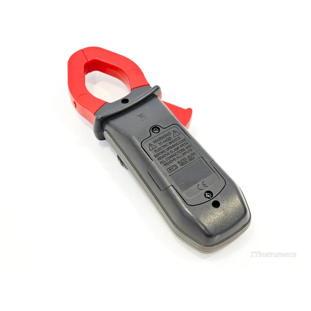 Chauvin Arnoux F203 clamp meter rear view showing CE marking, safety warnings and battery compartment label