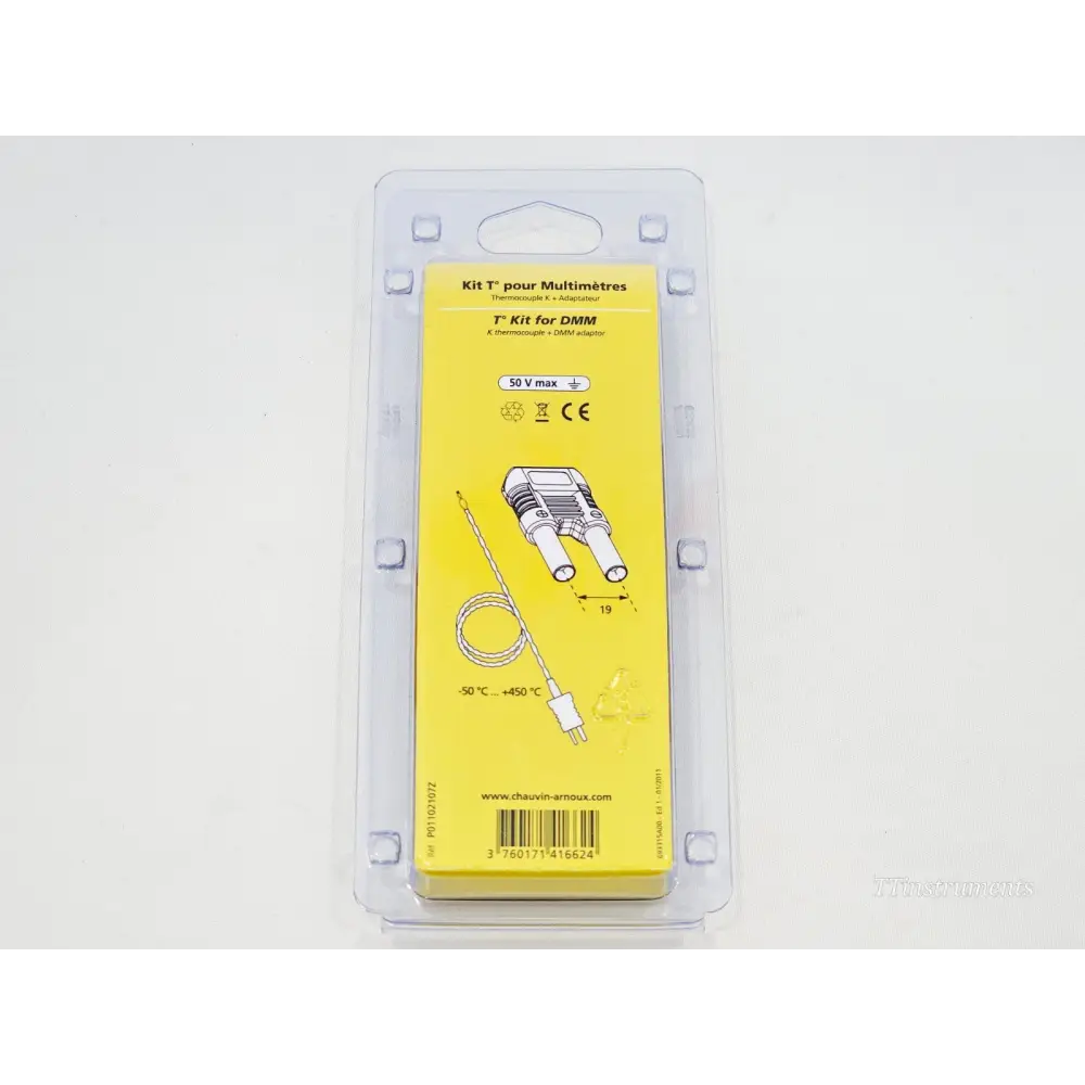 Chauvin Arnoux thermocouple DMM kit rear packaging showing -50°C to +450°C range and K-type probe diagram