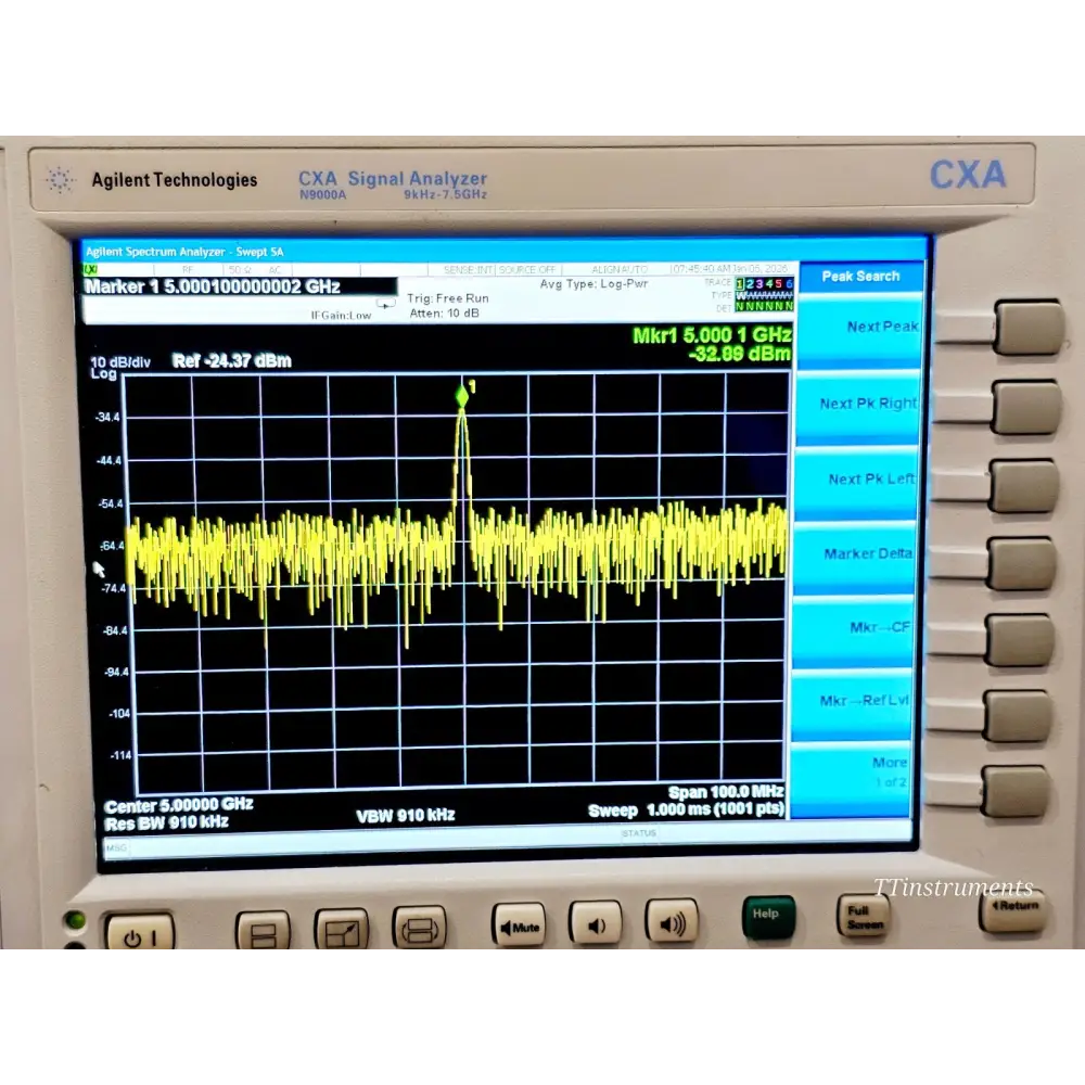 Agilent Keysight CXA N9000A signal analyser on bench showing full front panel and display
