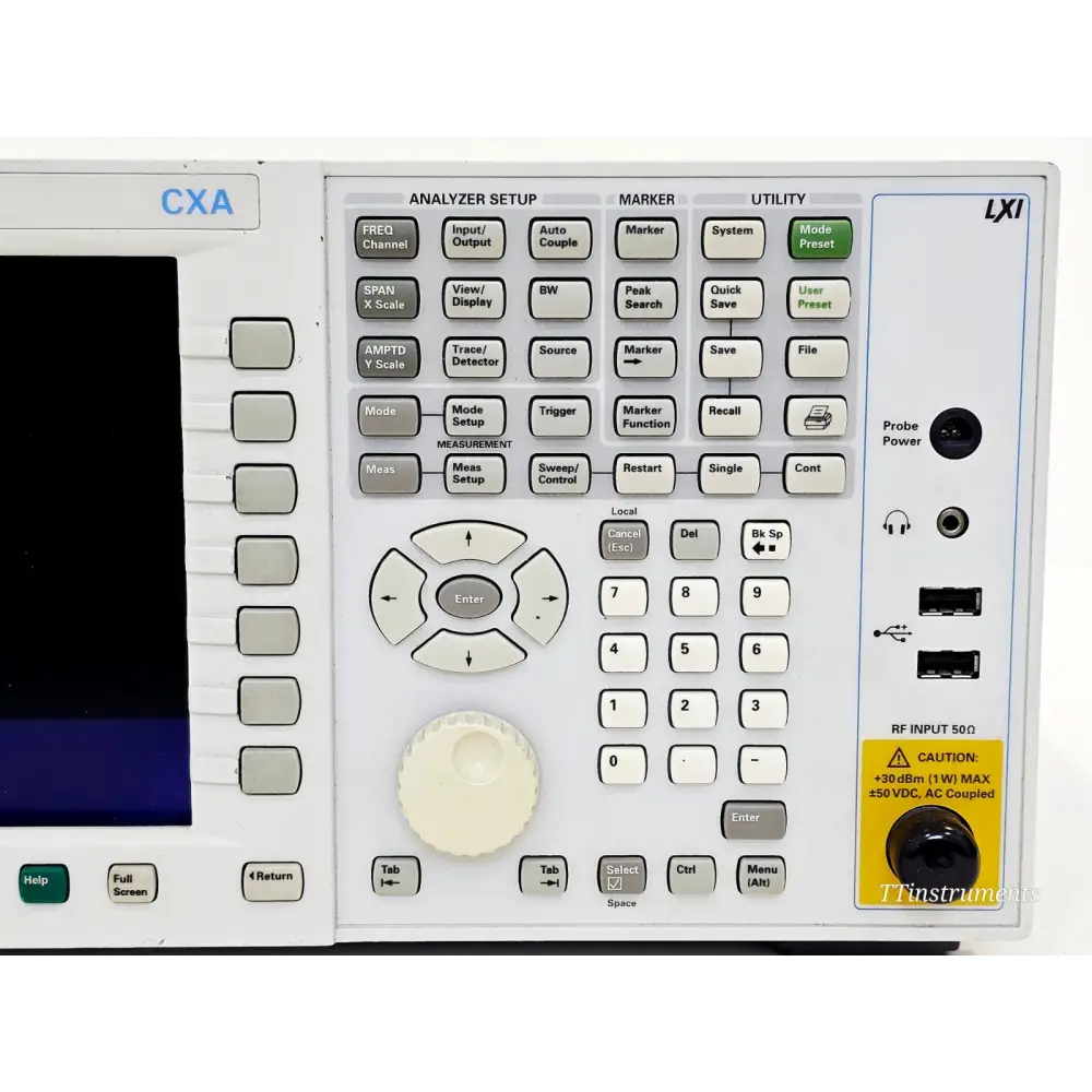 Keysight CXA N9000A showing ACP adjacent channel power measurement on spectrum display