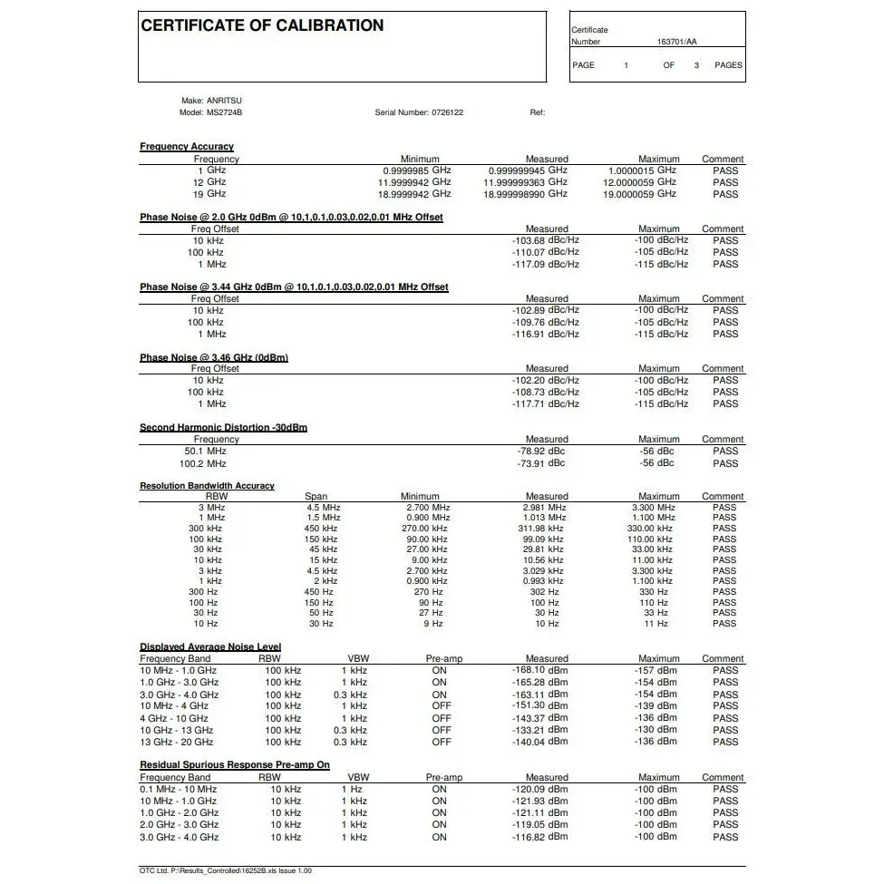Anritsu MS2724B calibration results page 1 of 3 — frequency accuracy and phase noise test data