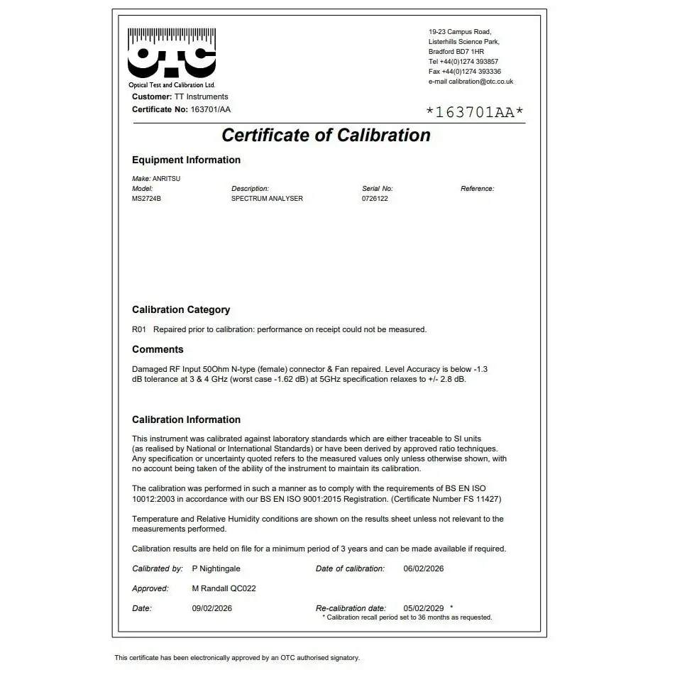 OTC Certificate of Calibration 163701/AA for Anritsu MS2724B serial 0726122, dated 06 Feb 2026
