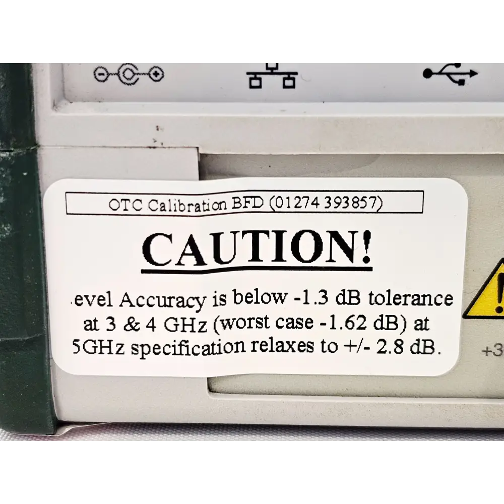 Anritsu MS2724B OTC caution label — level accuracy below -1.3 dB tolerance at 3 & 4 GHz