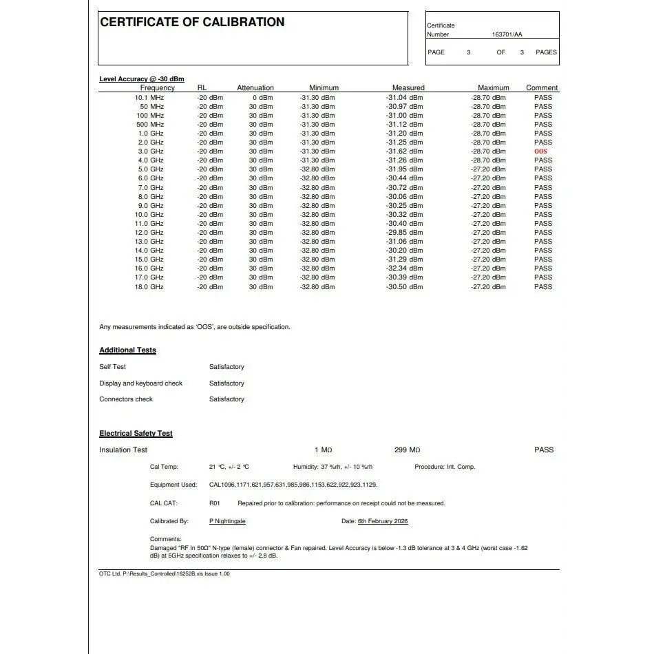 Anritsu MS2724B calibration results page 3 of 3 — level accuracy, self test, and electrical safety