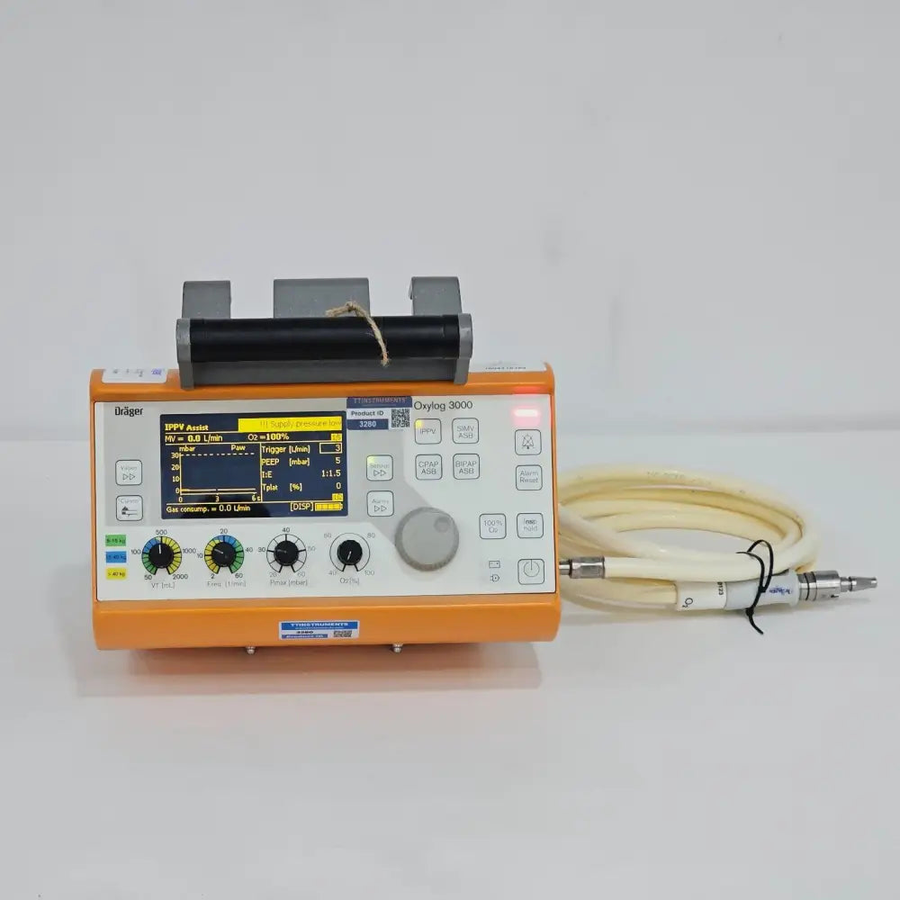 Dräger Oxylog 3000 transport ventilator front view showing control panel and display