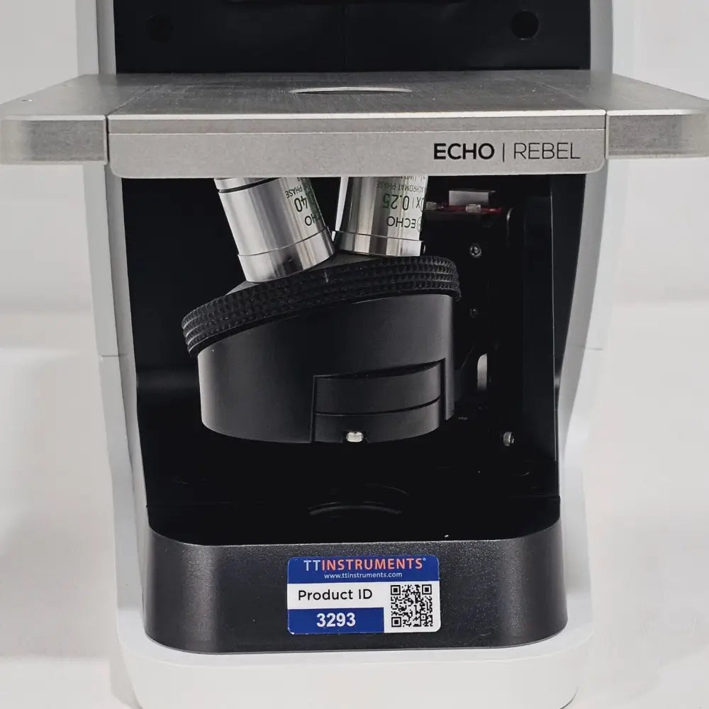 ECHO Rebel REB-01-D front-on view of nosepiece showing 20x/0.40 and 10x/0.25 phase objectives with ECHO Rebel branding on stage