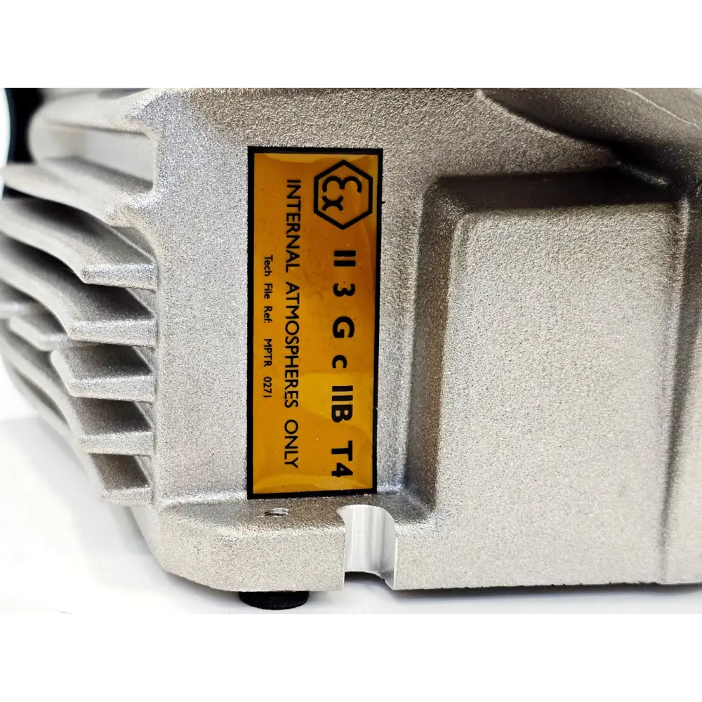 Edwards nXDS6i vacuum pump — ATEX rating label close-up showing II 3 G c IIB T4 Internal Atmospheres Only classification on aluminium pump body