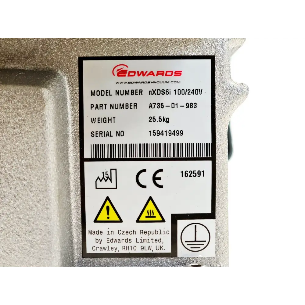 Edwards nXDS6i pump A735-01-983 — manufacturer's ID label showing model nXDS6i 100/240V, part number A735-01-983, weight 25.5kg, serial 159419499, CE mark