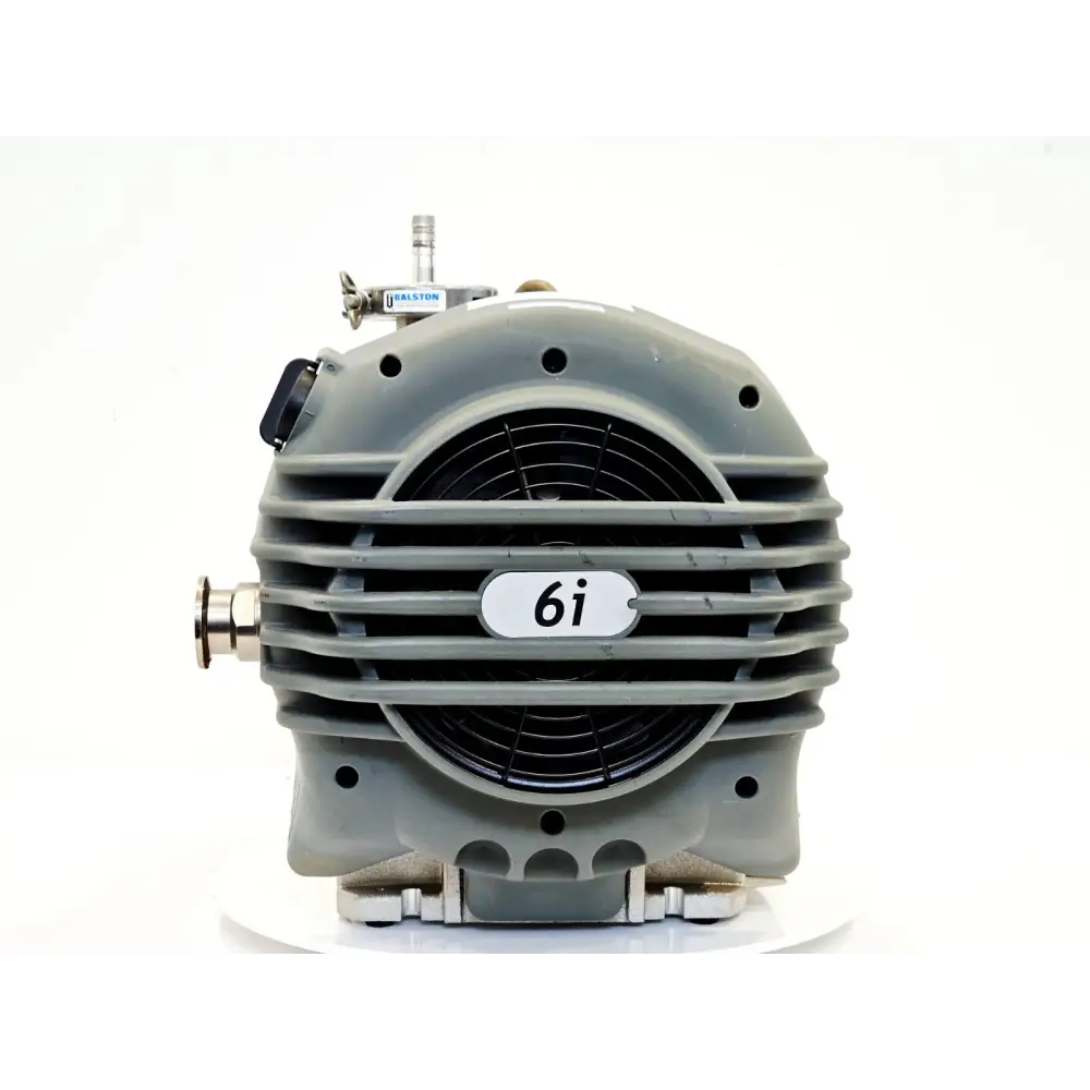 Edwards nXDS6i scroll pump — motor/exhaust end view showing grey fan housing, NW25 exhaust port, Ralston gas ballast assembly and item label tag 6i