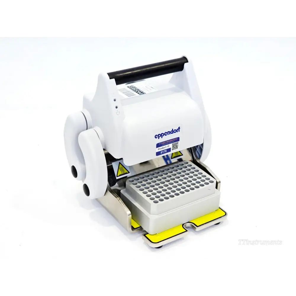 Eppendorf 5391 HeatSealer S100 microplate sealer front view with 96-well plate adapter inserted and TT Instruments product label