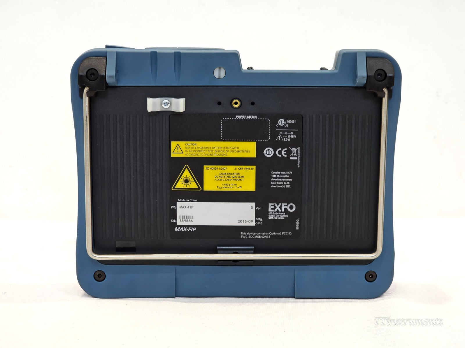 EXFO MAX-FIP rear panel showing P/N MAX-FIP, S/N 859886, Mfg date 2015-09, power meter port, and regulatory labels