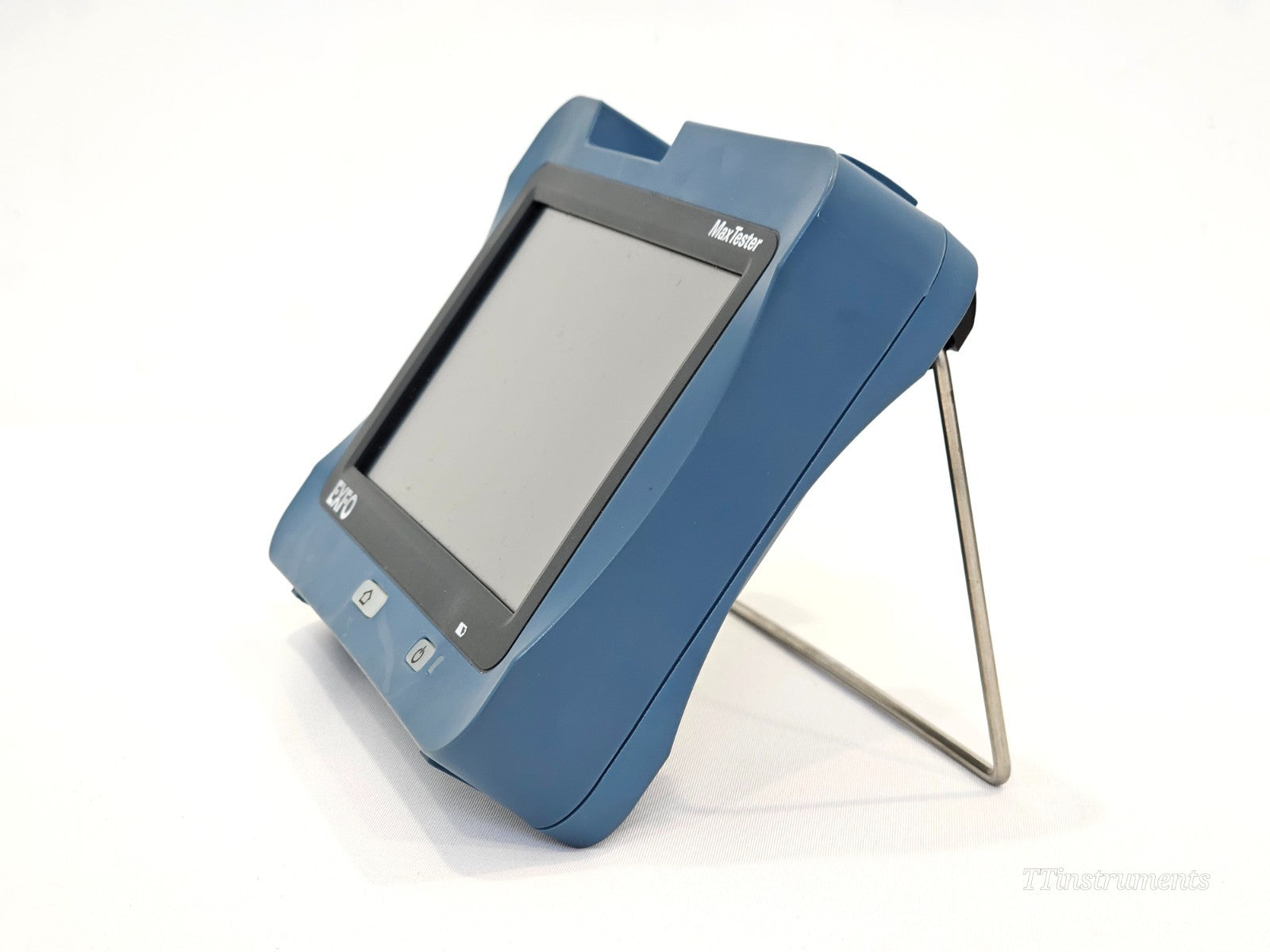 EXFO MAX-FIP fibre certifier angled left-side view with kickstand deployed, showing rugged blue housing