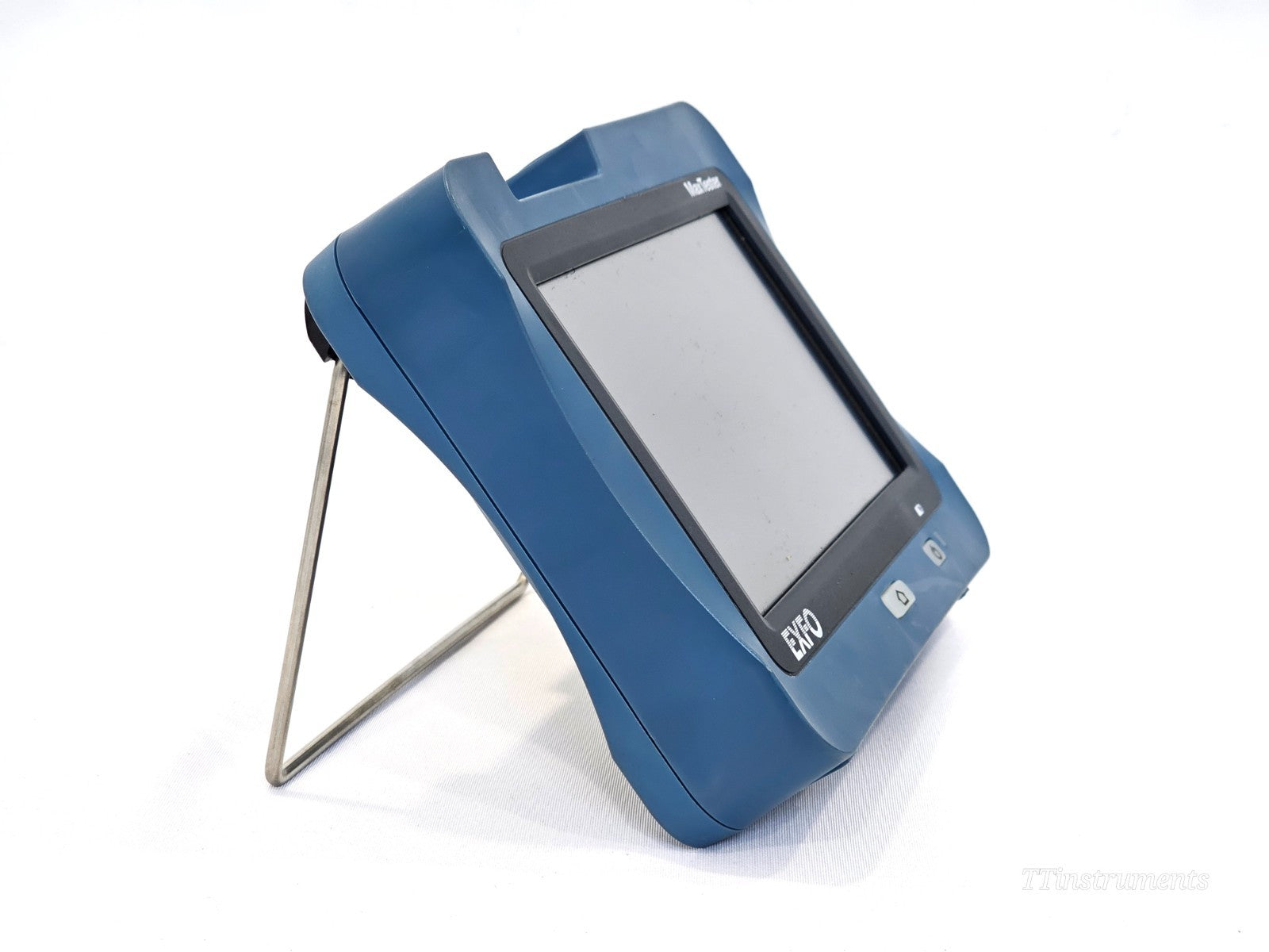 EXFO MAX-FIP fibre certifier angled right-side view with metal kickstand deployed, showing EXFO logo and power button
