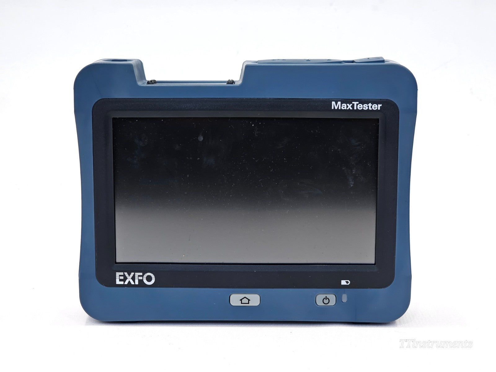 EXFO MAX-FIP intelligent connector and fibre certifier front view showing 7-inch touchscreen, home and power buttons