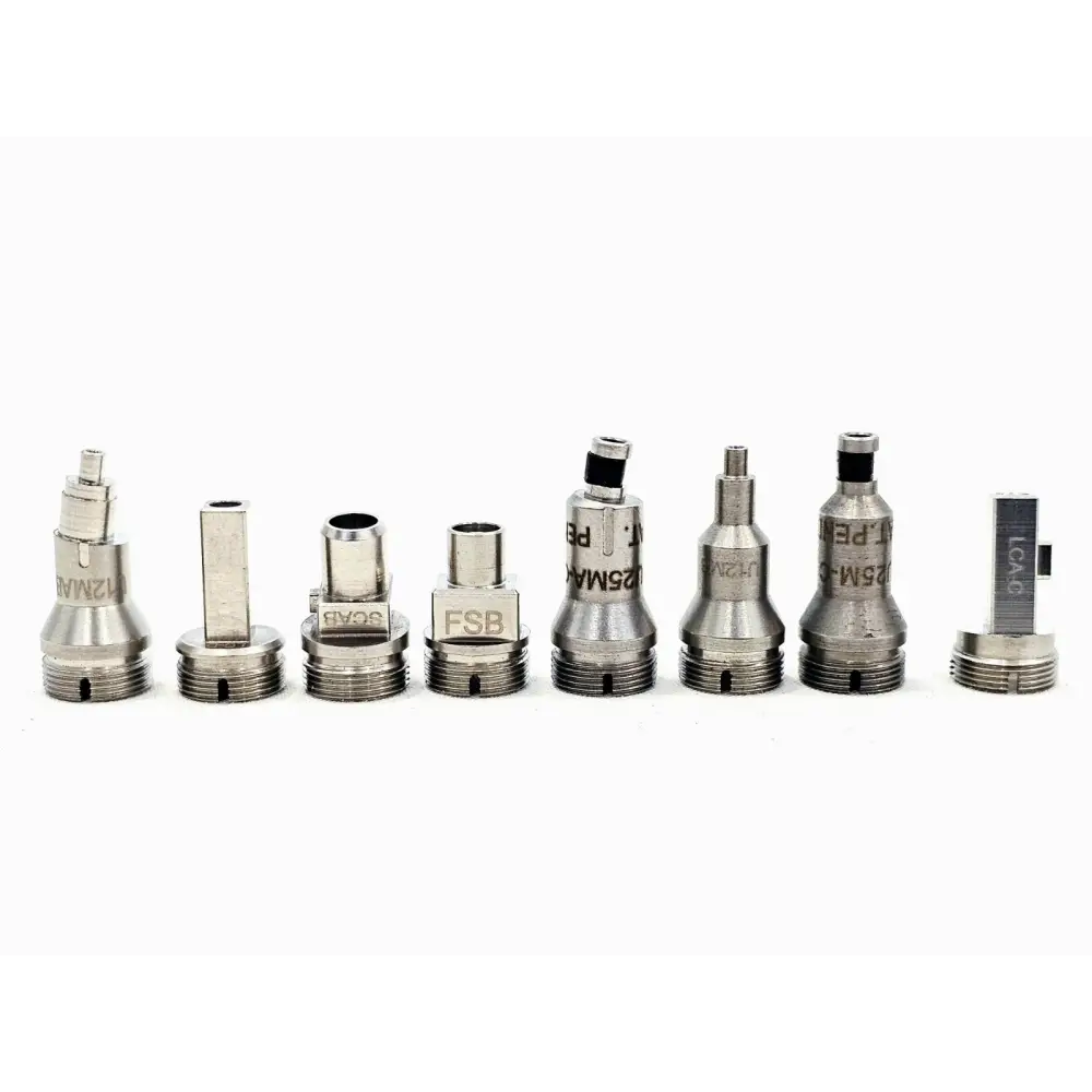 Eight EXFO FIP-430B connector tips including U25, U12, SCAB, FSB, LC and SC patchcord and bulkhead adapters