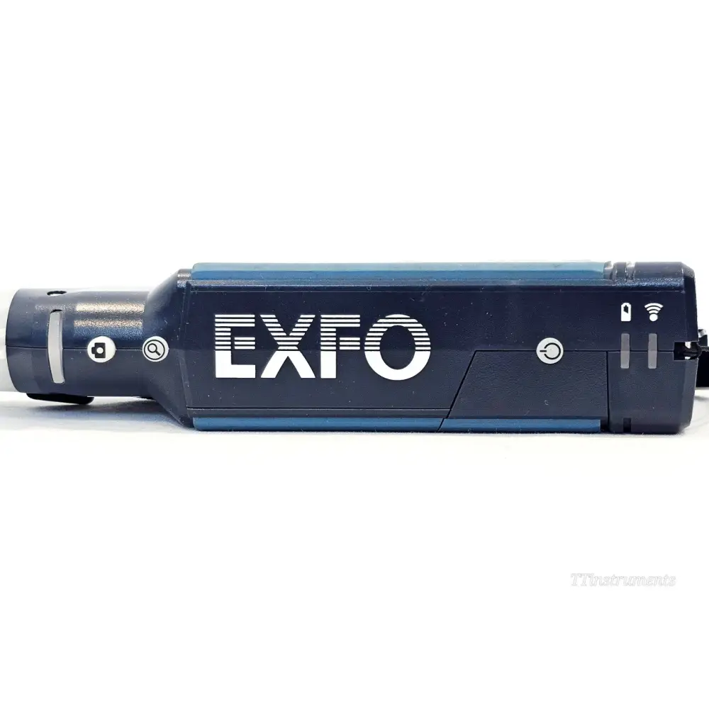 EXFO FIP-435B fibre inspection probe side profile showing EXFO logo, power button, Wi-Fi and lock indicators