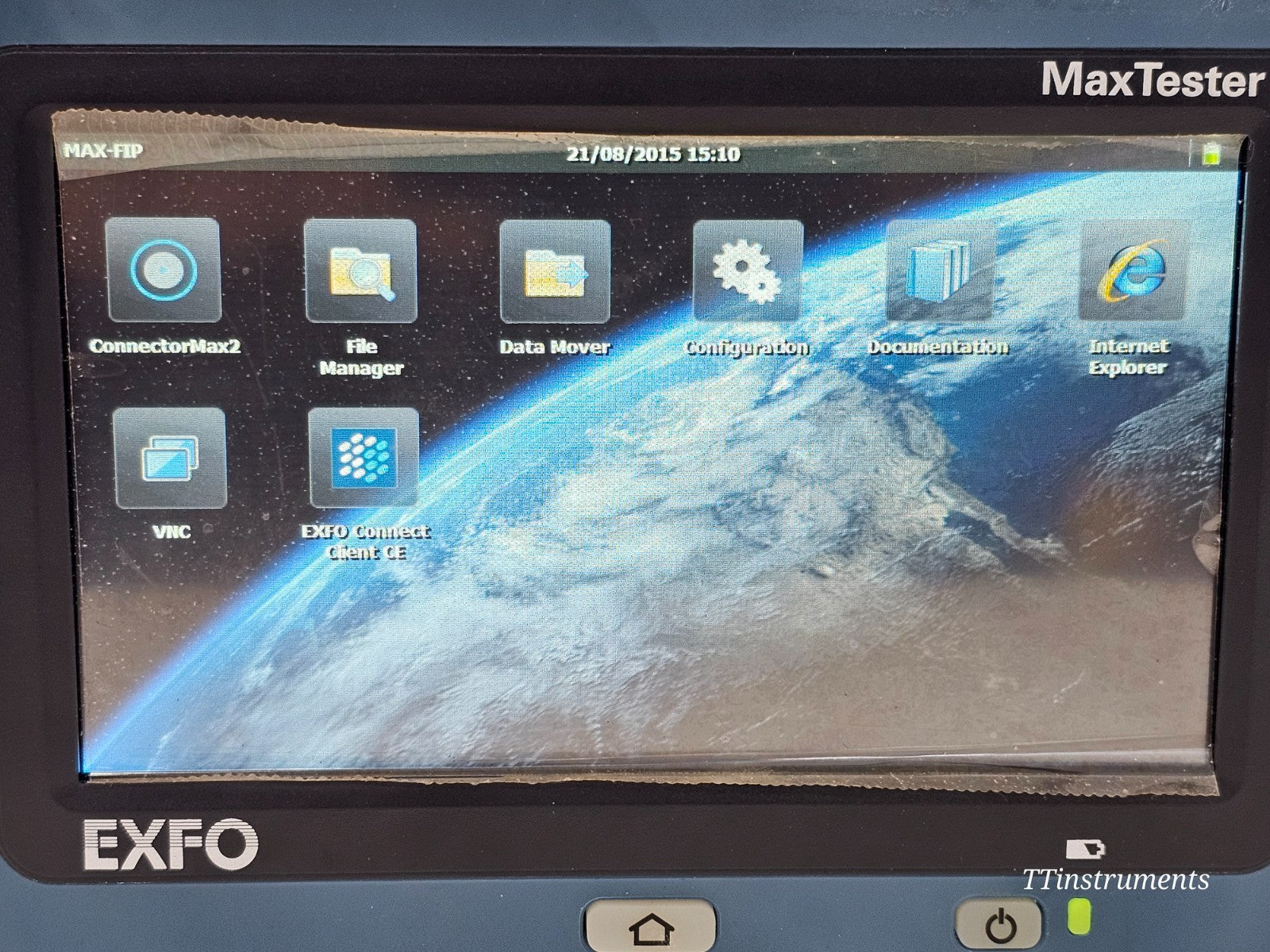 EXFO MAX-FIP viewer rear panel showing USB 2.0 and RJ-45 interface ports