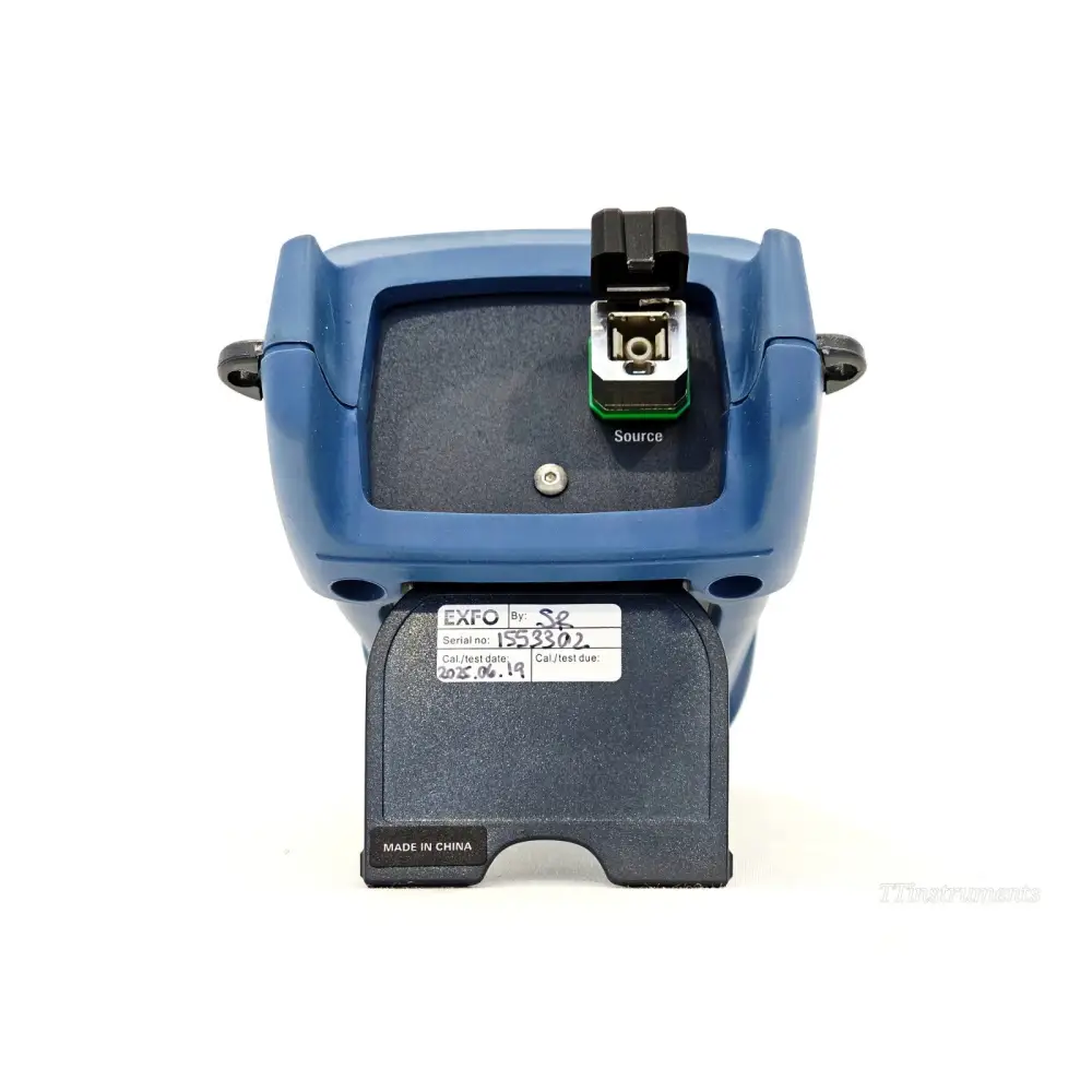 EXFO FLS-600 rear label showing serial number 1553302 and calibration date June 2025
