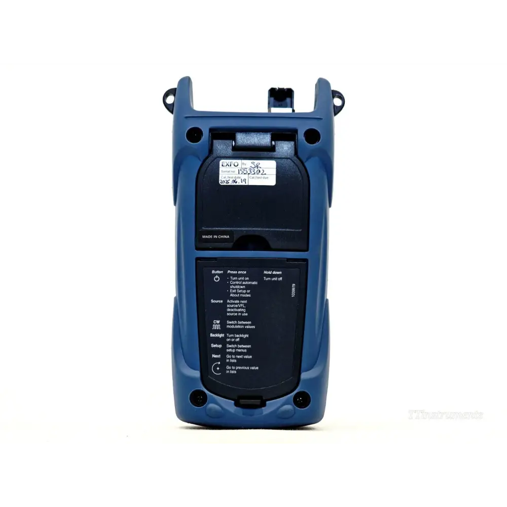 EXFO FLS-600 Light Source back panel showing button function reference guide and serial number label