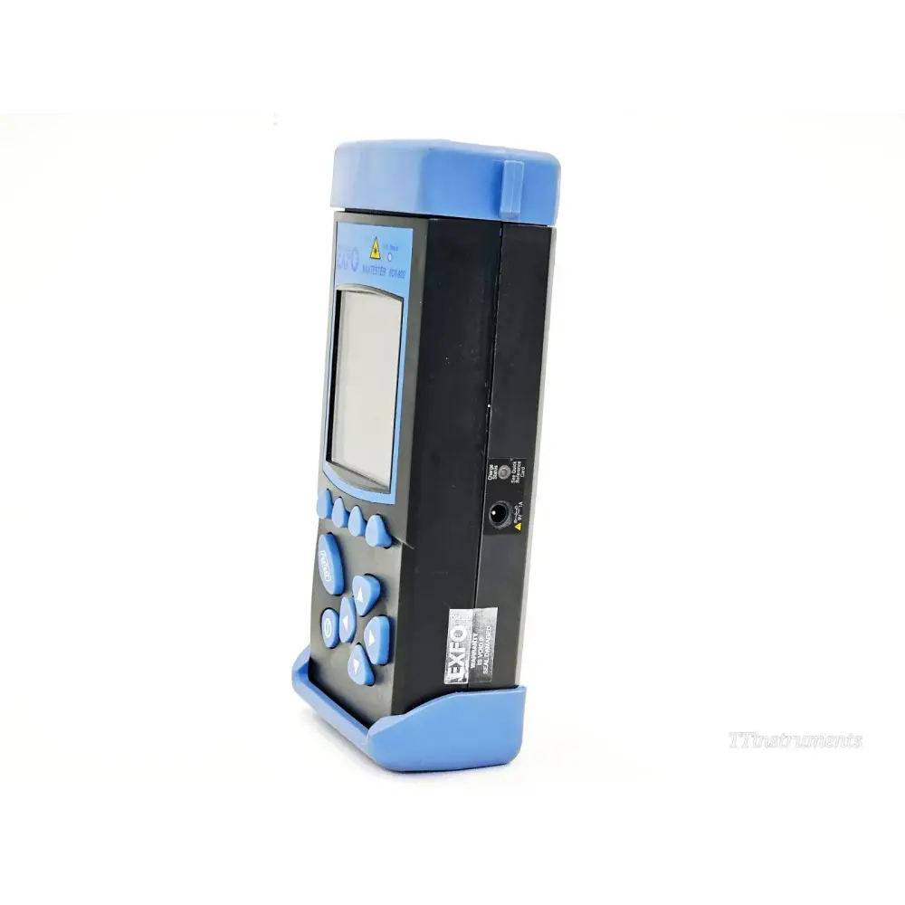 EXFO FOT-922 MaxTester right-side view showing DC charging port and side panel labels