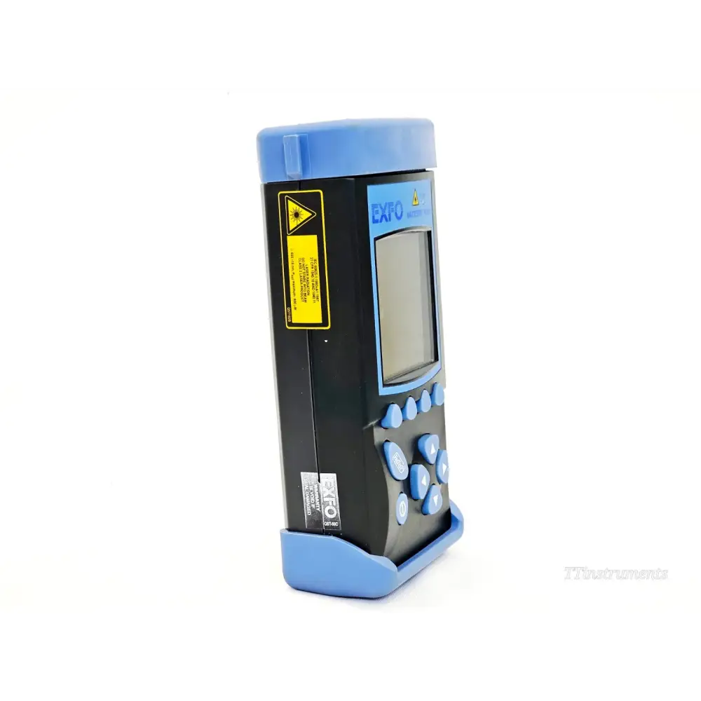 EXFO FOT-922 MaxTester left-side view showing laser warning label and EXFO warranty void sticker