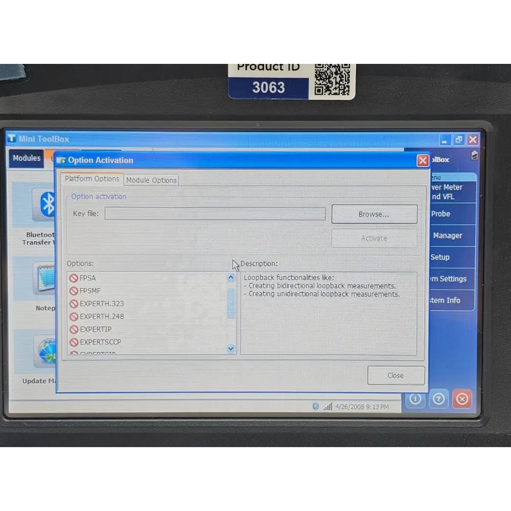 EXFO FTB-1 platform showing LED indicators and on/off button on front panel