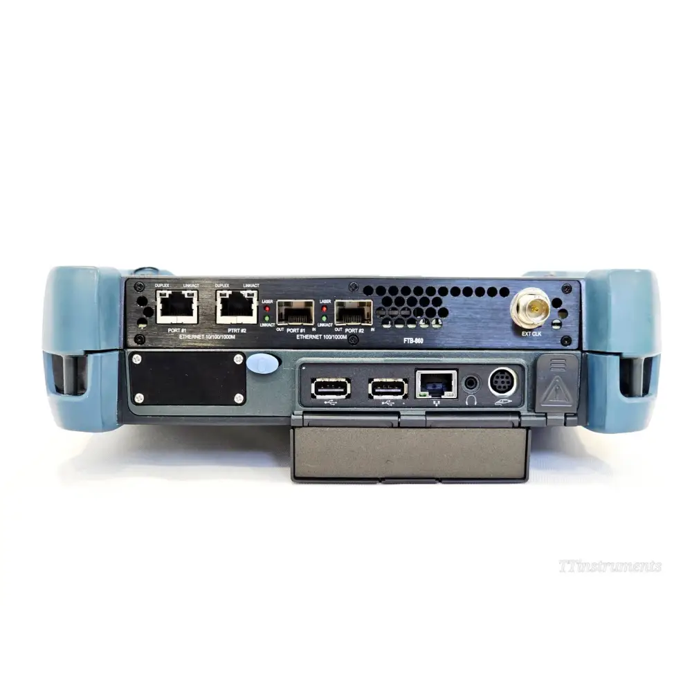 EXFO FTB-860 top connector panel with dual RJ-45 electrical, dual SFP optical ports and EXT CLK BNC