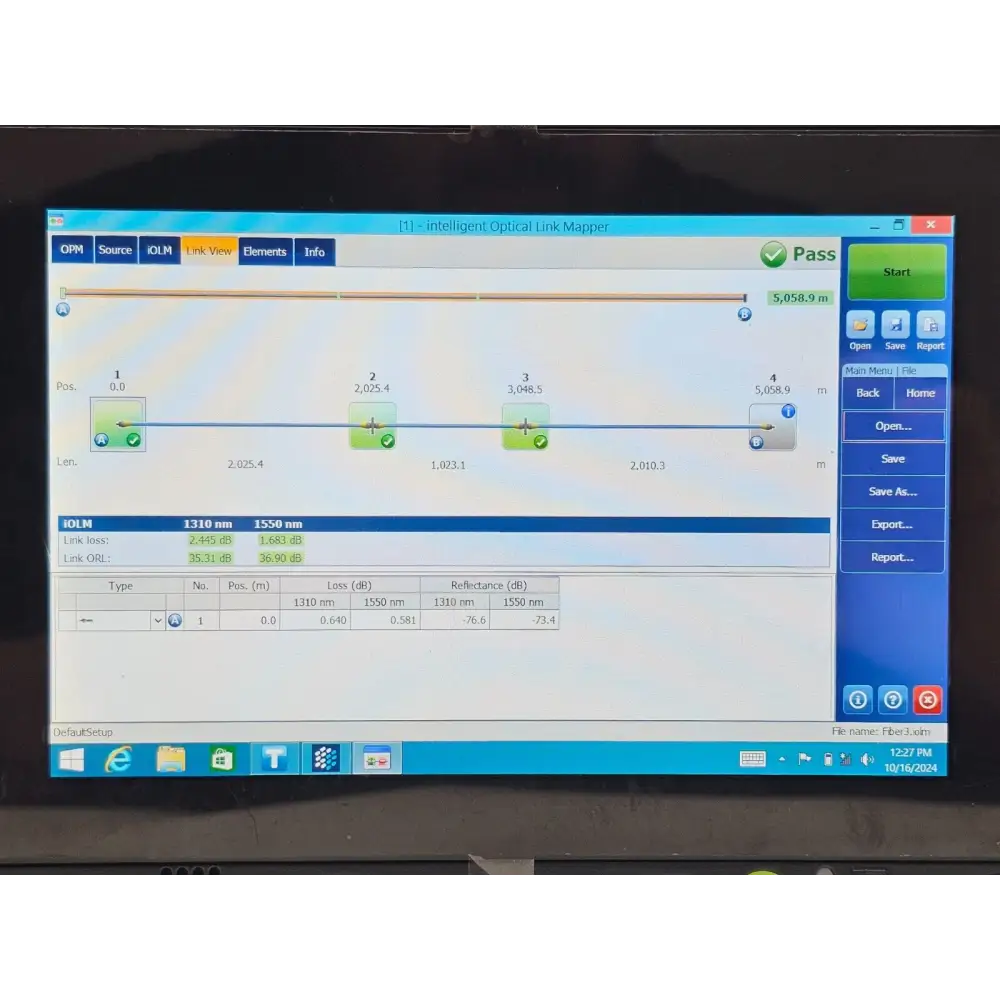 EXFO FTB-1 Pro FTB-730Gv2 SM OTDR with iOLM displayed on screen during fibre test