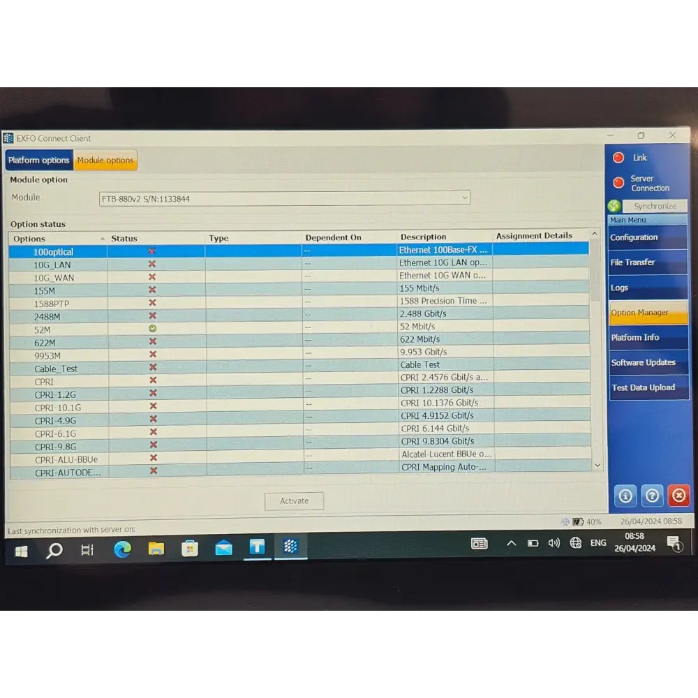 EXFO FTB-1 V2-Pro serial number and asset label detail on chassis