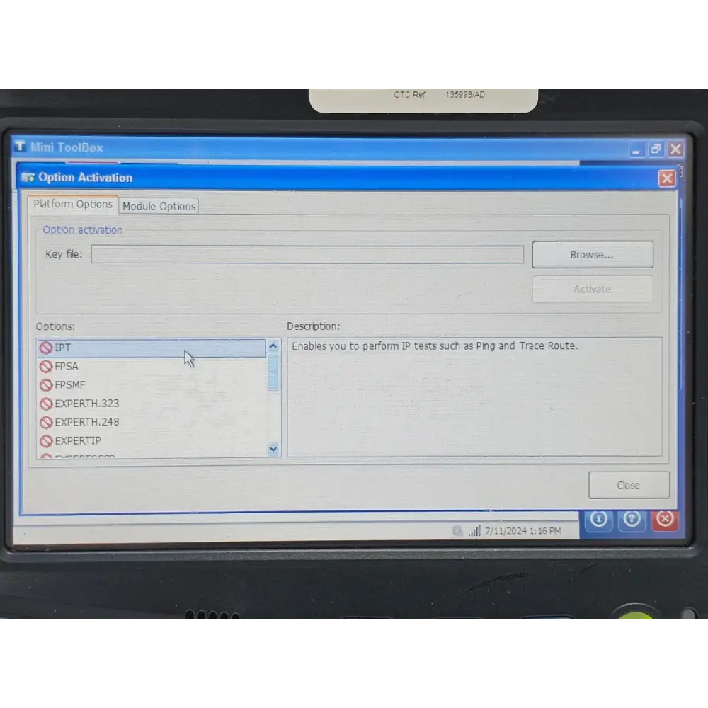 EXFO FTB-1 OTDR screen detail showing software version and OTDR application launch screen