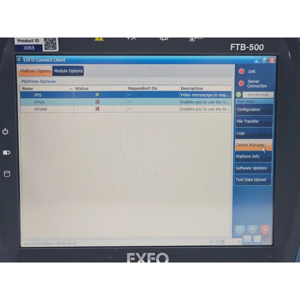 EXFO FTB-500 mainframe brand and model label close-up