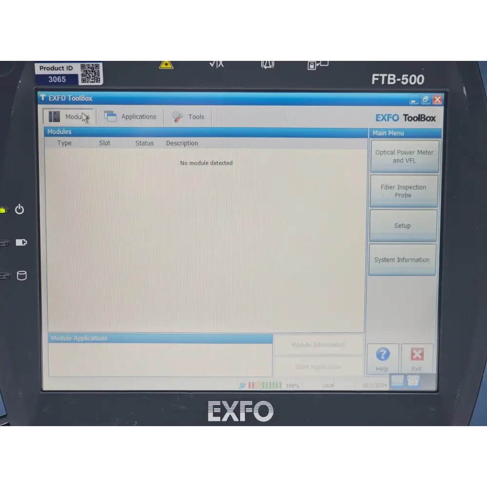 EXFO FTB-500 test platform showing power and interface port area