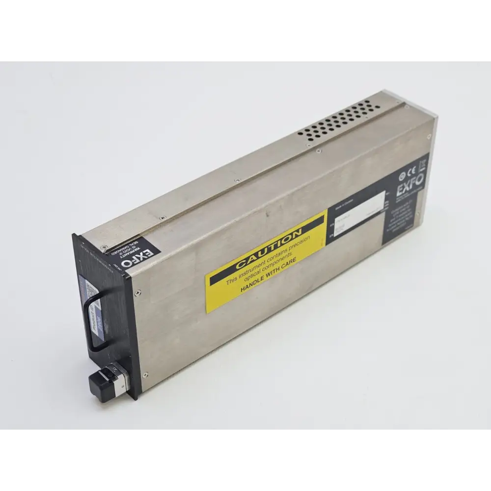 EXFO FTB-5240S optical spectrum analyzer module rear three-quarter view showing top ventilation and EXFO warranty labels